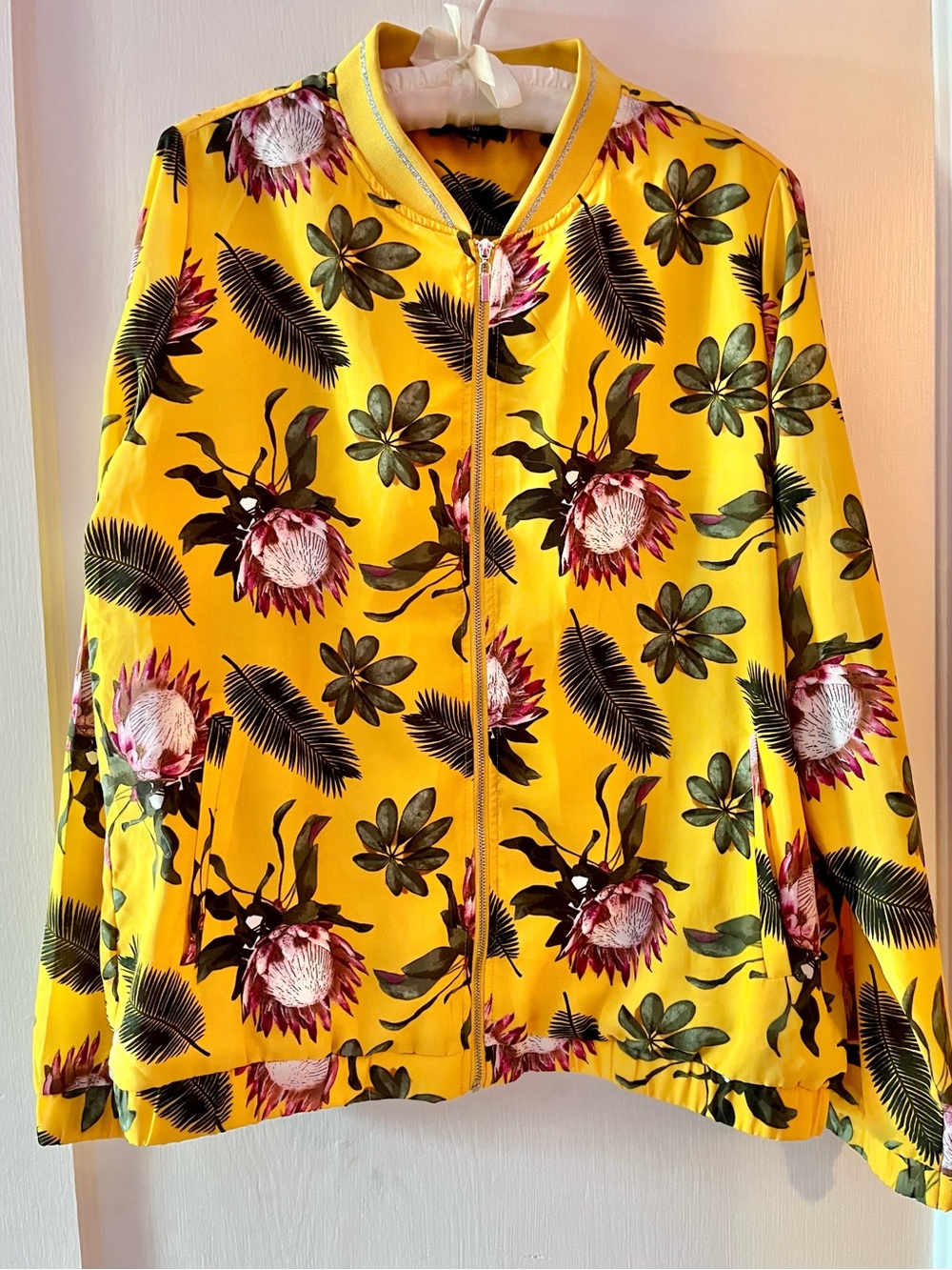 Kiabi Yellow Tropical Flora Bomber Jacket, Light Zip-Up w/ Silver Glitter Collar